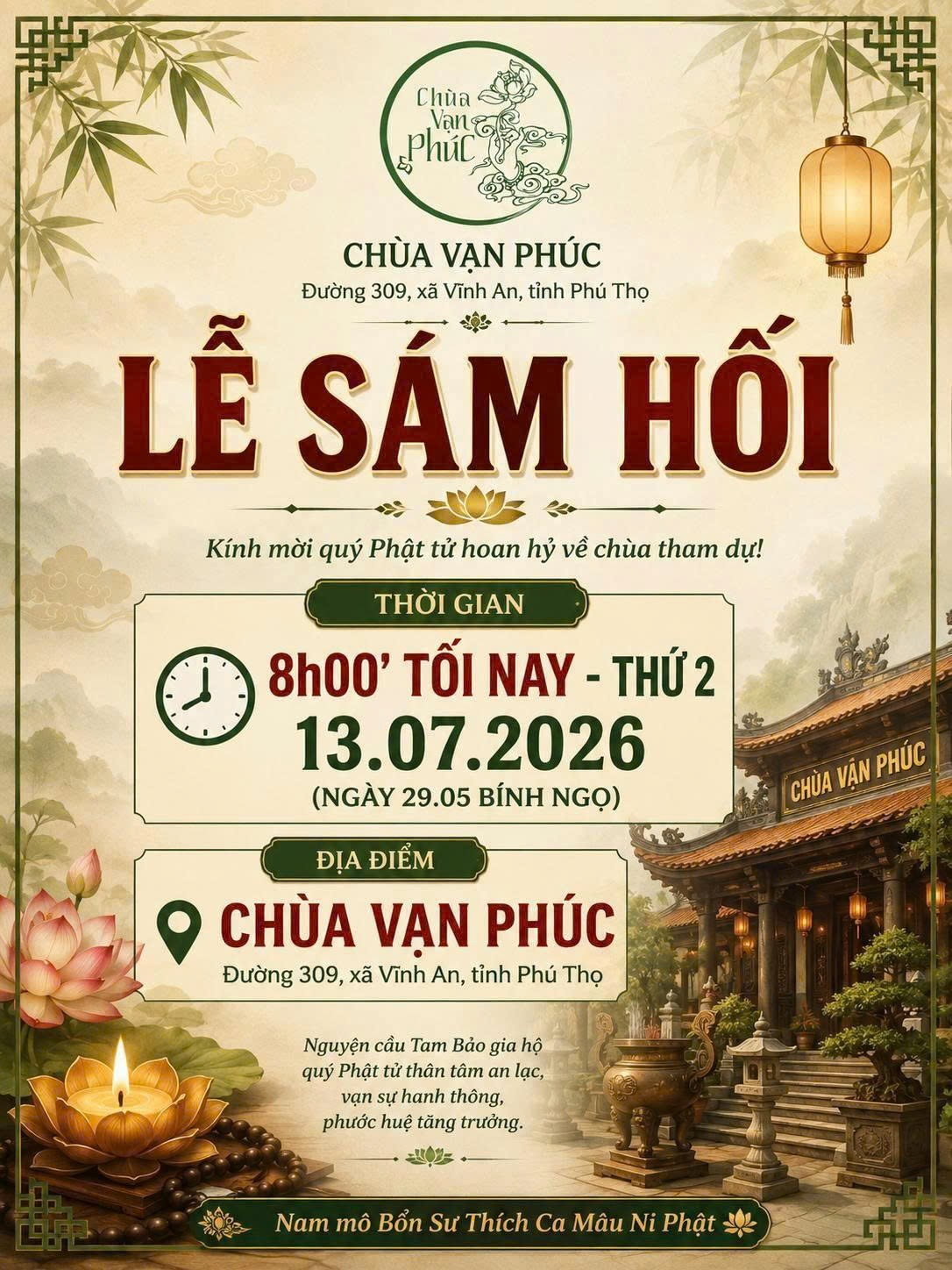 THÔNG BÁO THAM DỰ LỄ SÁM HỐI TẠI CHÙA VẠN PHÚC