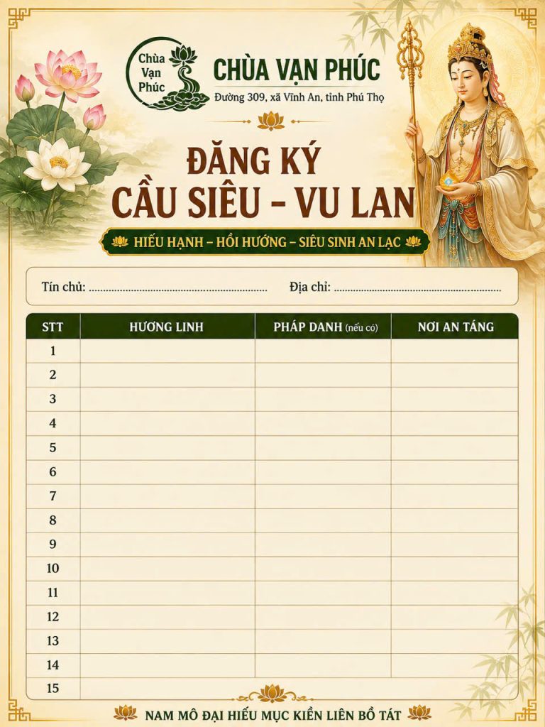 Poster thông báo Chùa Vạn Phúc tiếp nhận đăng ký cầu siêu mùa Vu Lan Báo Hiếu năm 2026 tại đường 309, xã Vĩnh An, tỉnh Phú Thọ. Chương trình hướng đến việc tụng Kinh, hồi hướng công đức cho cửu huyền thất tổ, ông bà, cha mẹ, người thân đã quá vãng, thai nhi, sản nạn và các hương linh hữu duyên.